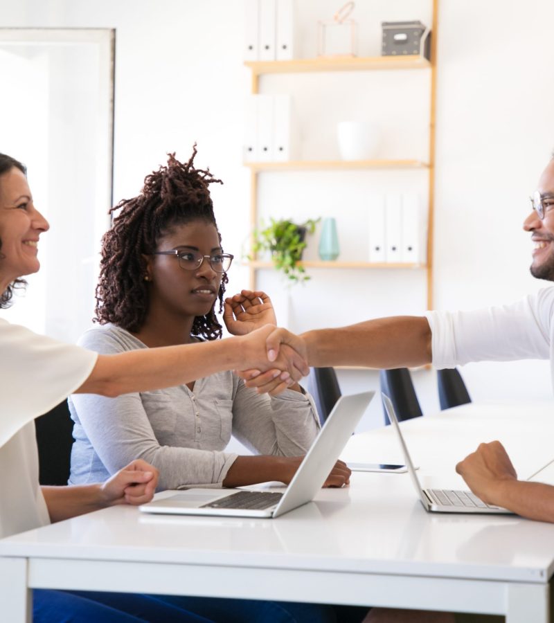 Cheerful business partners shaking hands
